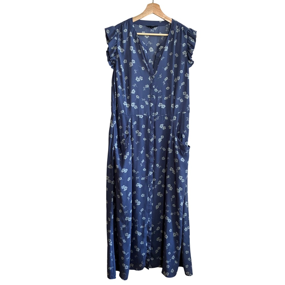 Simply Vera Vera Wang Floral Maxi Dress XL Blue Womens Ruffle Sleeve Button Up